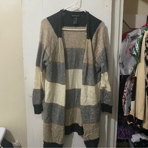 Ashley Stewart Striped Open-Front Hooded Cardigan in Cream, Gray, Brown, Black